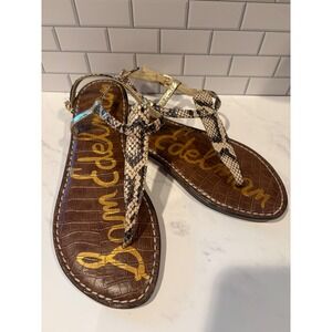 Sam Edelman Gigi Snakeskin Metallic Gold Thong Sandals Womens 7.5M Flat Strap